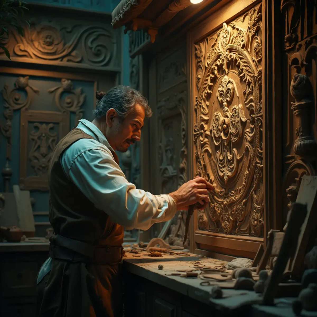 WOODCARVING LESSONS: Woodcarver Grabovetskiy, a man with a beard