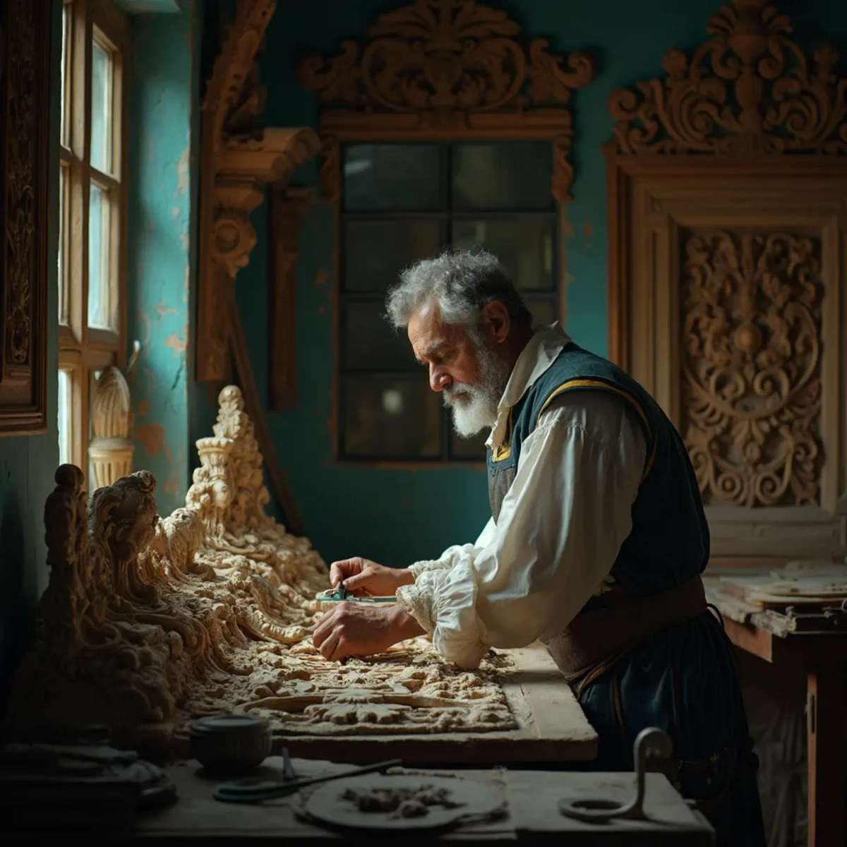 WOODCARVING LESSONS: Woodcarver Grabovetskiy, a man with a beard