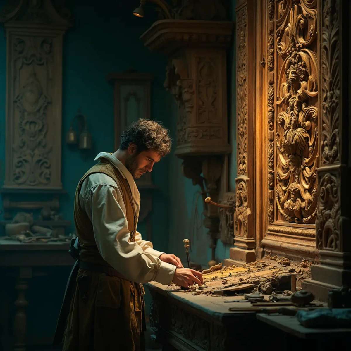 WOODCARVING LESSONS: Woodcarver Grabovetskiy, a man with a beard, holds a sign that says "What wood is the best for carving?" He looks thoughtful. Carving tools are on the table in front of him. - Wood Carving tutorials