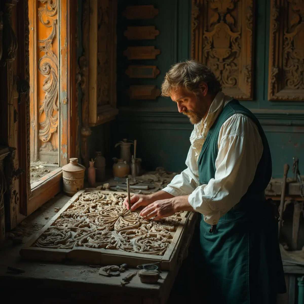 Alt text: A focused man with a beard sits at a workbench, pondering the question, "What wood is the best for carving?" surrounded by woodworking tools, emphasizing the topic of wood carving classes and lessons.