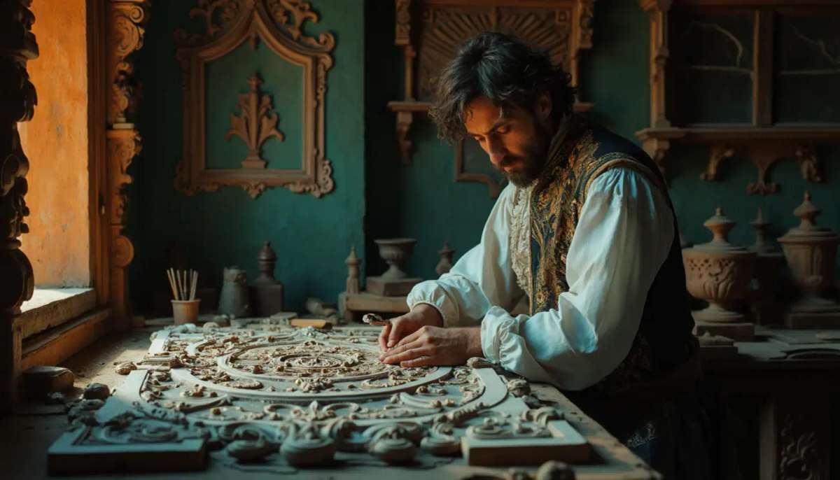 Alt text: A focused man with a beard sits at a workbench, pondering the question, "What wood is the best for carving?" surrounded by woodworking tools, emphasizing the topic of wood carving classes and lessons.