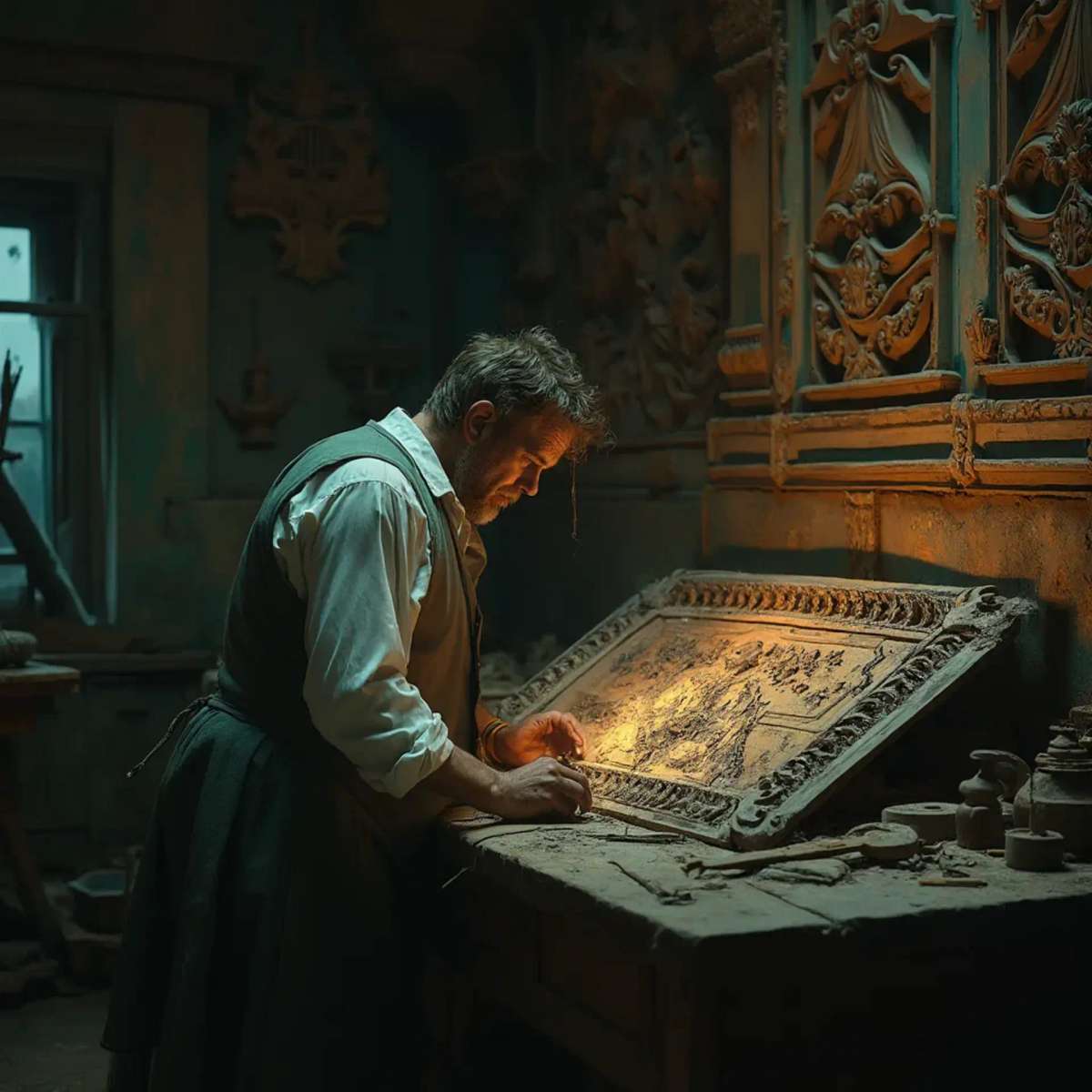 WOODCARVING LESSONS: Woodcarver Grabovetskiy, a man with a beard, holds a sign that says "What wood is the best for carving?" He looks thoughtful. Carving tools are on the table in front of him. - Wood Carving tutorials