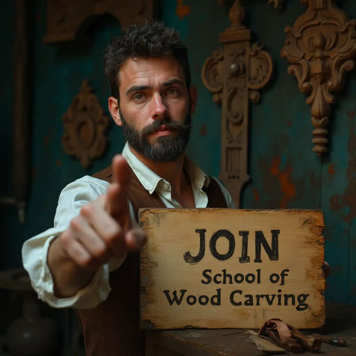 WOODCARVING LESSONS: Woodcarver Grabovetskiy, an elderly man with a gray beard, holds a carving tool and a sign that asks, "What is the best wood for carving? - Wood Carving tutorials