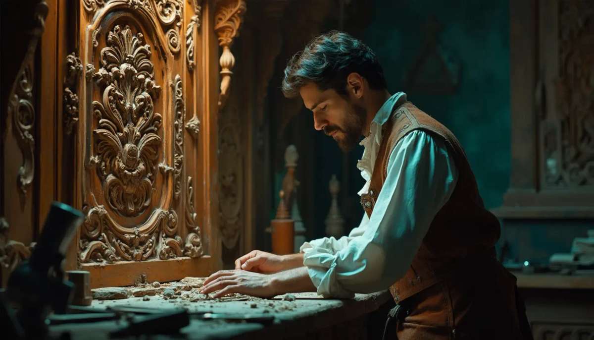 A thoughtful person gazing thoughtfully while touching a beautifully carved wooden column. The intricate carvings depict scenes of historical significance, showcasing the skills involved in wood carving. This image highlights the artistry found in wood carving classes and lessons.