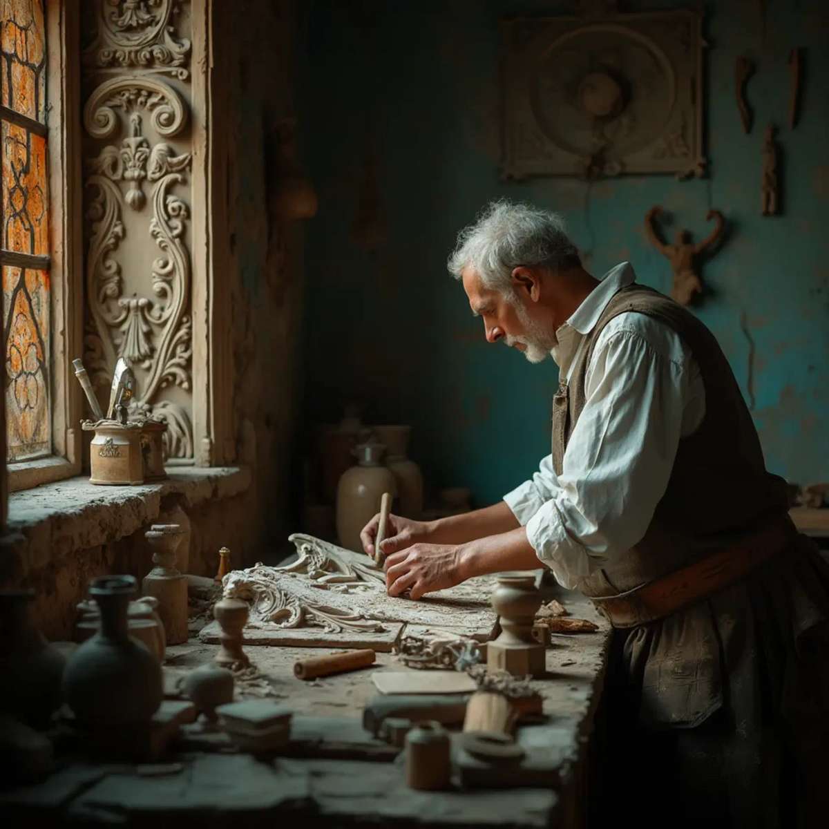 WOODCARVING LESSONS: Woodcarver Grabovetskiy, a man with a beard, holds a sign that says "What wood is the best for carving?" He looks thoughtful. Carving tools are on the table in front of him. - Wood Carving tutorials