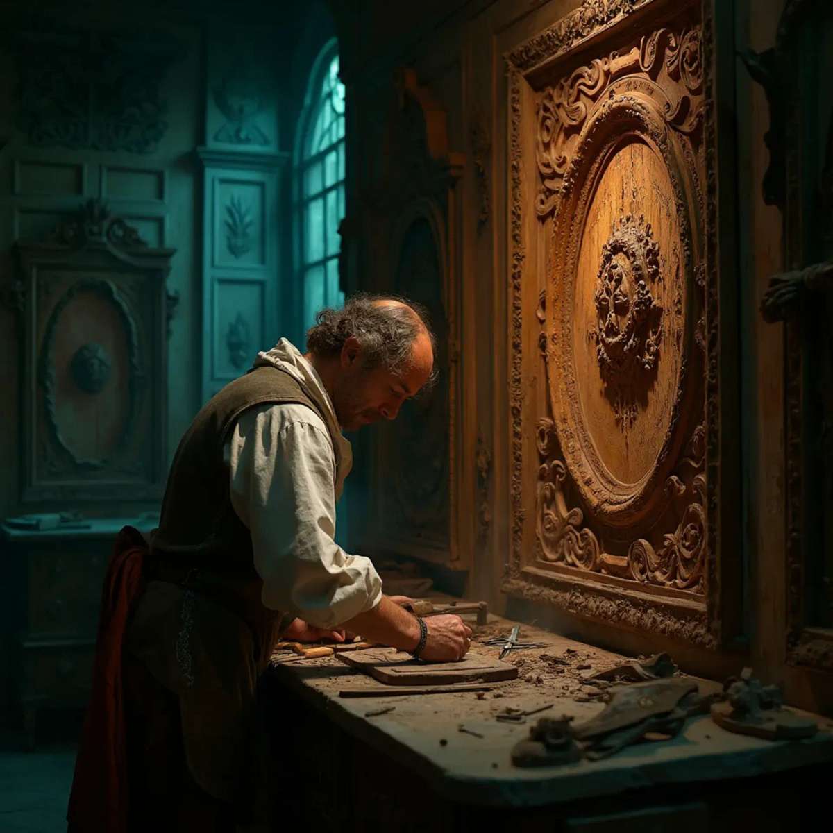 WOODCARVING LESSONS: Woodcarver Grabovetskiy, a man with a beard, holds a sign that says "What wood is the best for carving?" He looks thoughtful. Carving tools are on the table in front of him. - Wood Carving tutorials