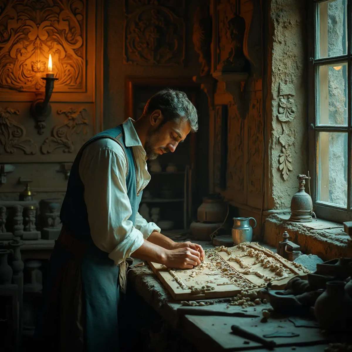 WOODCARVING LESSONS: Woodcarver Grabovetskiy, a man with a beard, holds a sign that says "What wood is the best for carving?" He looks thoughtful. Carving tools are on the table in front of him. - Wood Carving tutorials