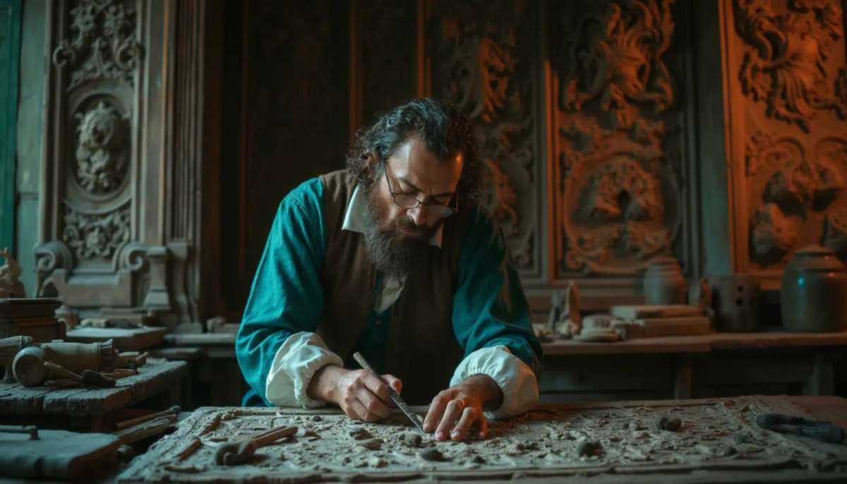 A thoughtful person gazing thoughtfully while touching a beautifully carved wooden column. The intricate carvings depict scenes of historical significance, showcasing the skills involved in wood carving. This image highlights the artistry found in wood carving classes and lessons.