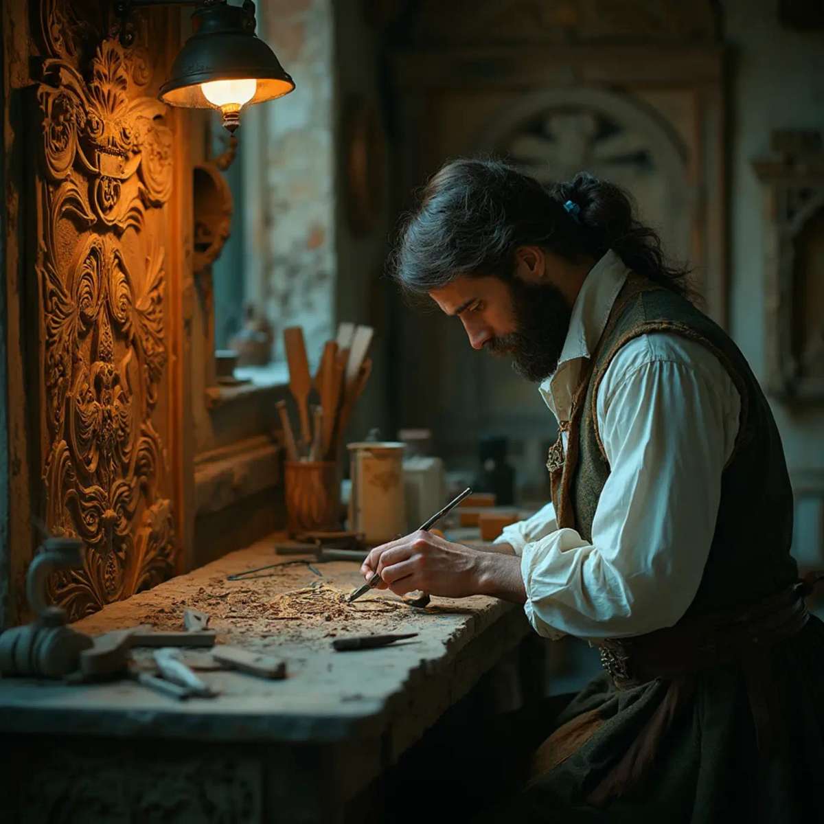 WOODCARVING LESSONS: Woodcarver Grabovetskiy, a man with a beard