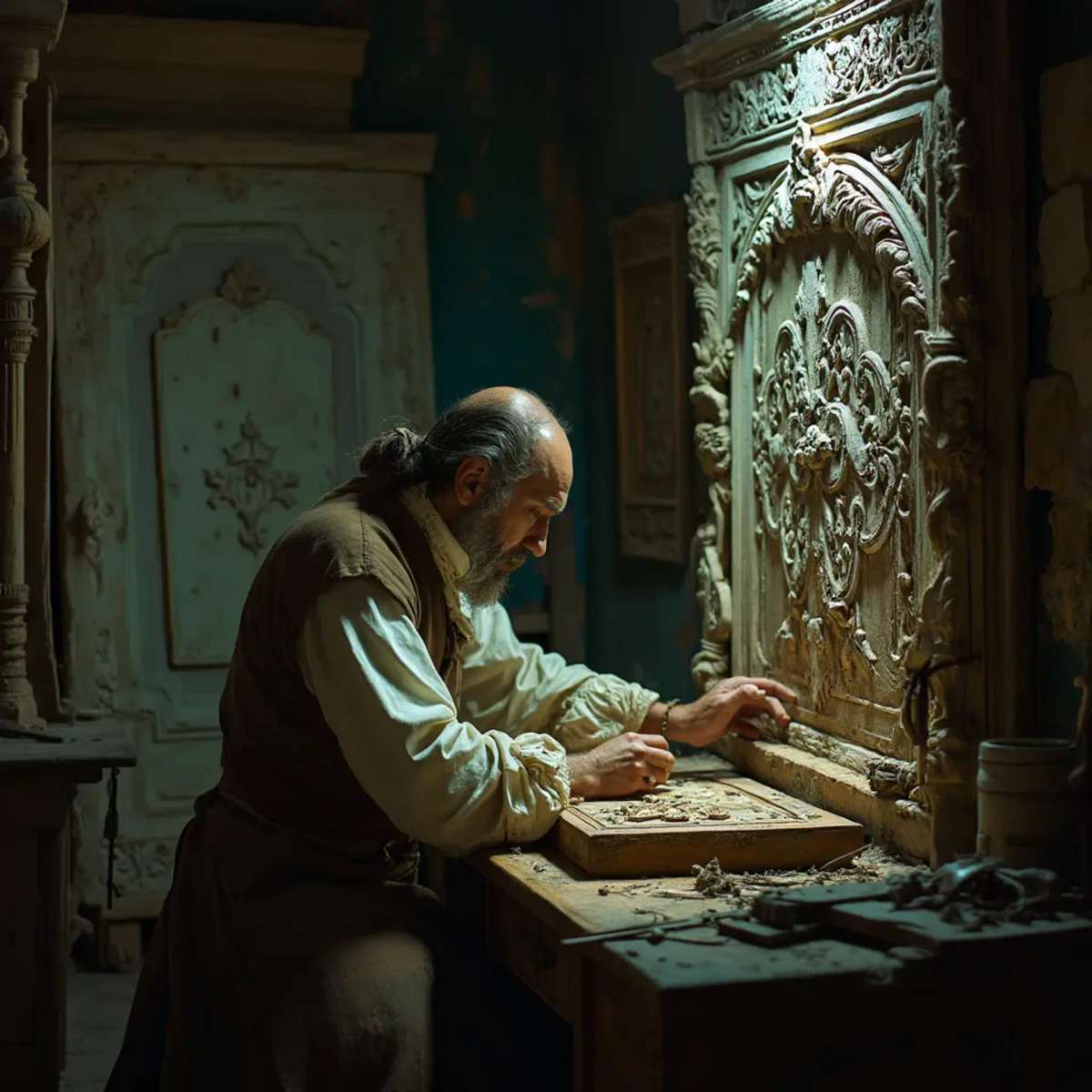 WOODCARVING LESSONS: Woodcarver Grabovetskiy, a man with a beard, holds a sign that says "What wood is the best for carving?" He looks thoughtful. Carving tools are on the table in front of him. - Wood Carving tutorials