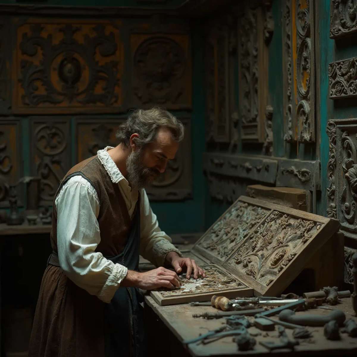 Alt text: A focused man with a beard sits at a workbench, pondering the question, "What wood is the best for carving?" surrounded by woodworking tools, emphasizing the topic of wood carving classes and lessons.