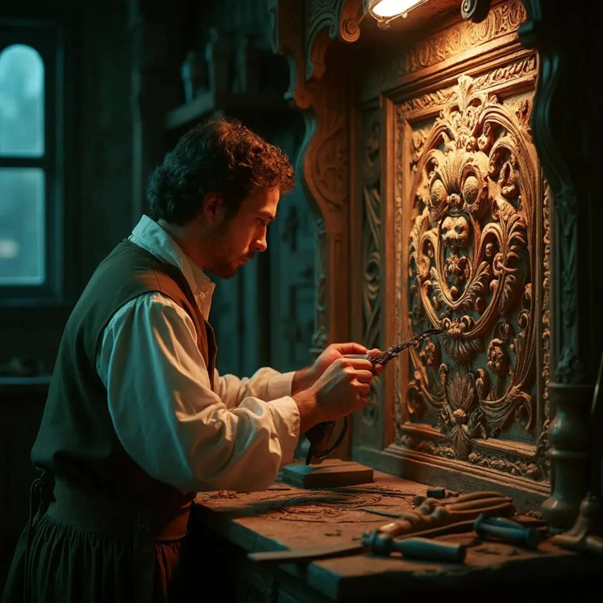 WOODCARVING LESSONS: Woodcarver Grabovetskiy, a man with a beard