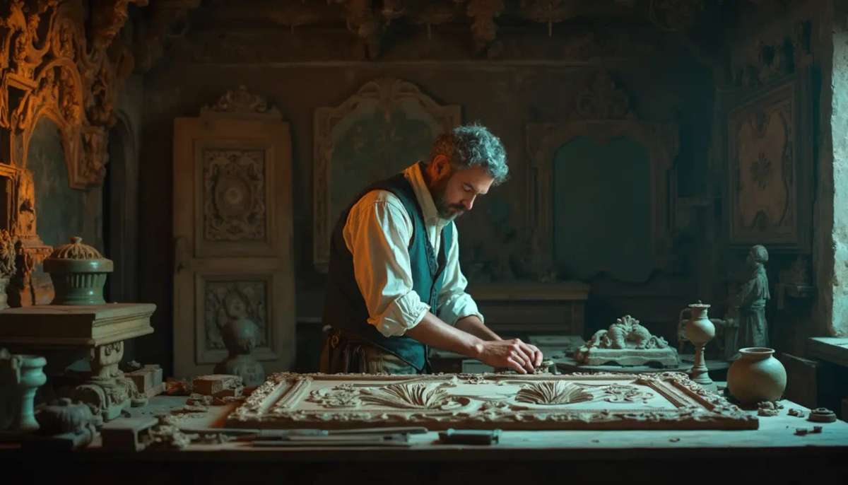 WOODCARVING LESSONS: Woodcarver Grabovetskiy, a man with a beard, holds a sign that says "What wood is the best for carving?" He looks thoughtful. Carving tools are on the table in front of him. - Wood Carving tutorials