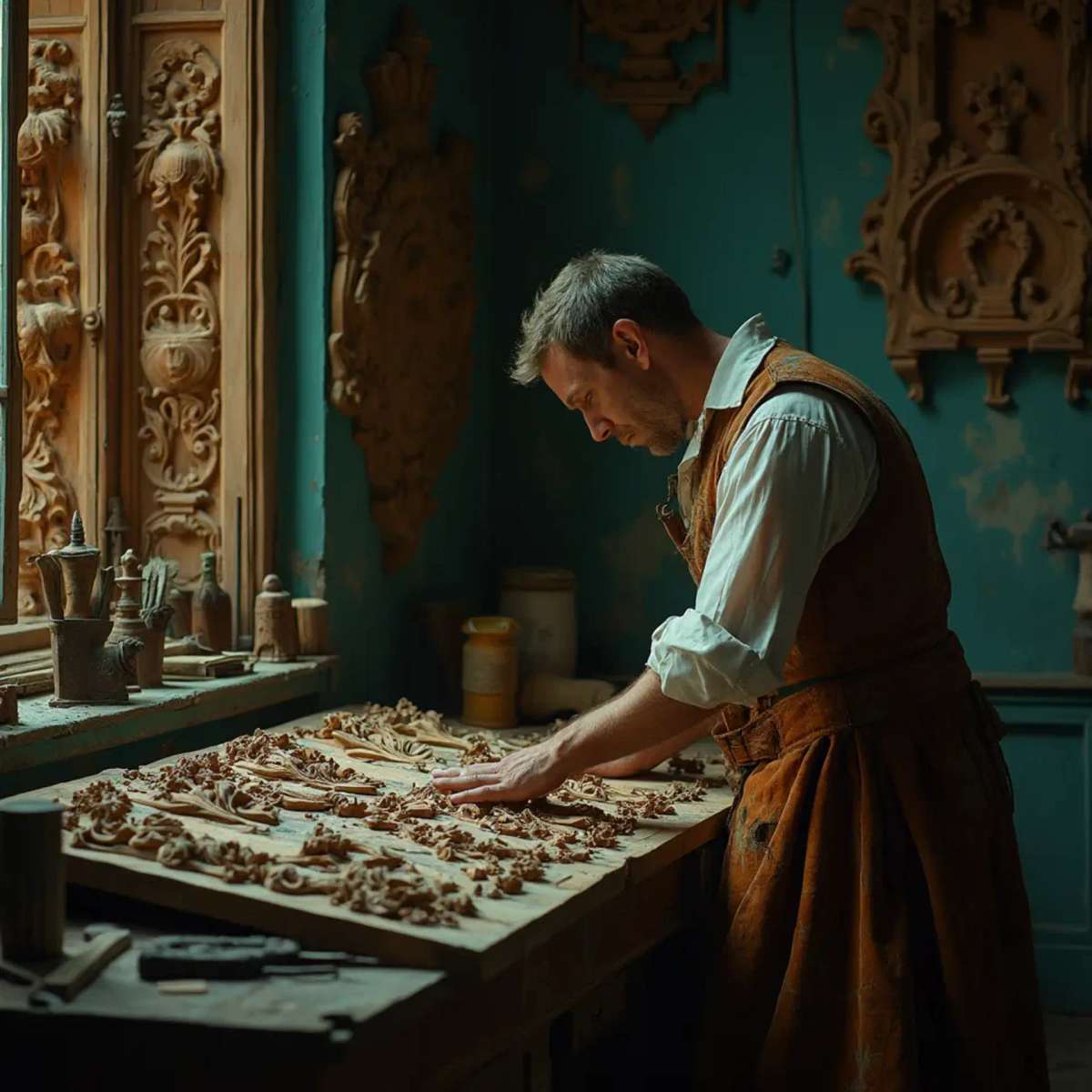 WOODCARVING LESSONS: Woodcarver Grabovetskiy, a man with a beard, holds a sign that says "What wood is the best for carving?" He looks thoughtful. Carving tools are on the table in front of him. - Wood Carving tutorials