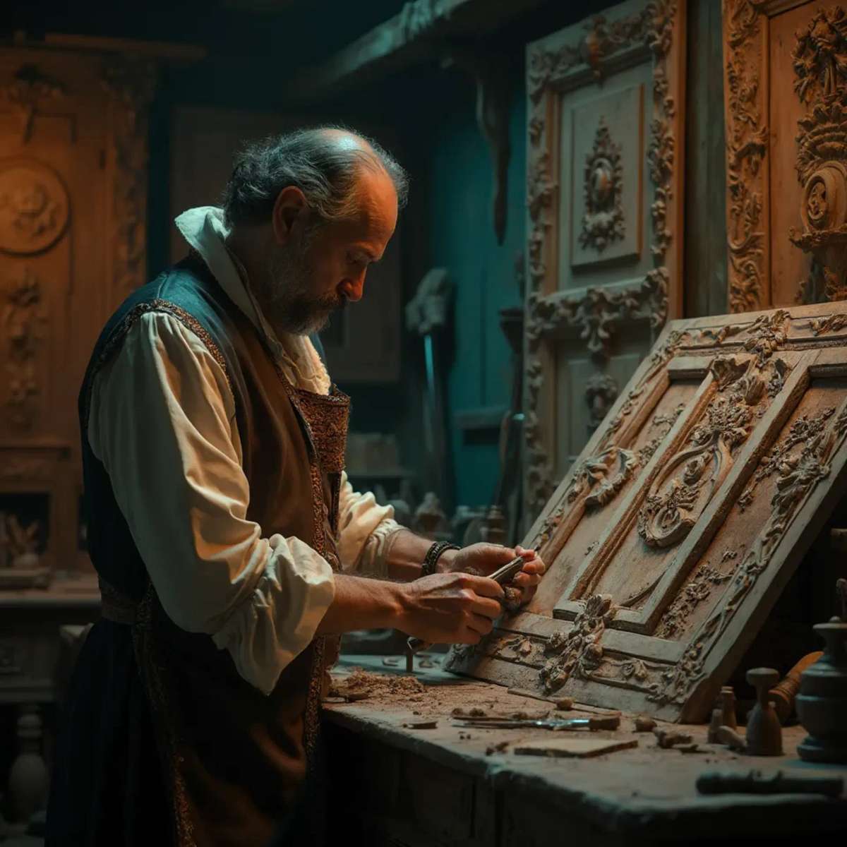 WOODCARVING LESSONS: Woodcarver Grabovetskiy, a man with a beard, holds a sign that says "What wood is the best for carving?" He looks thoughtful. Carving tools are on the table in front of him. - Wood Carving tutorials