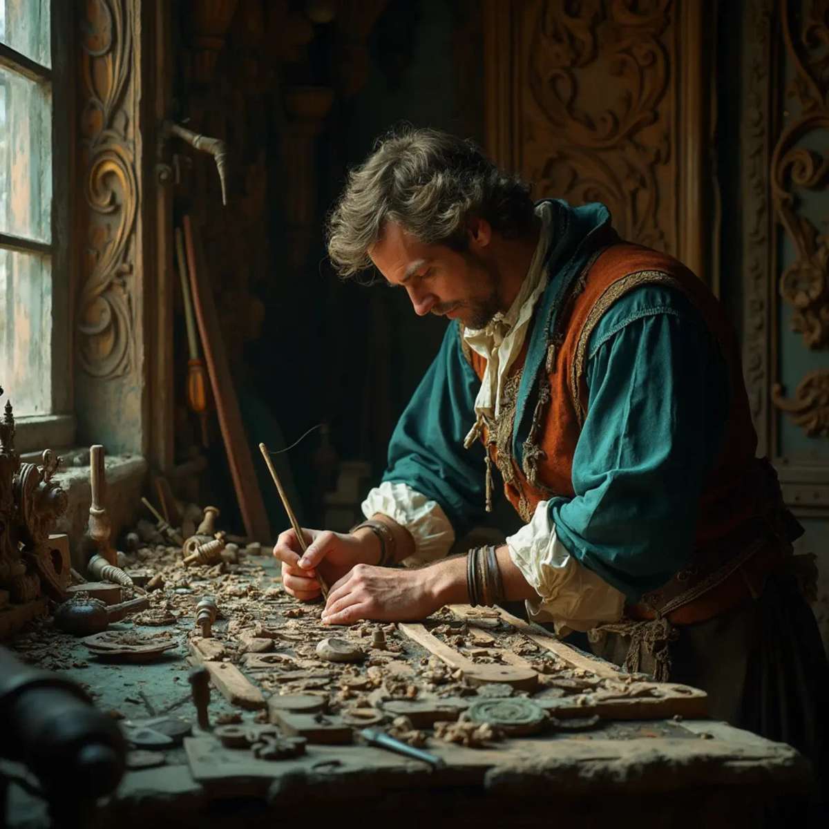 WOODCARVING LESSONS: Woodcarver Grabovetskiy, a man with a beard, holds a sign that says "What wood is the best for carving?" He looks thoughtful. Carving tools are on the table in front of him. - Wood Carving tutorials