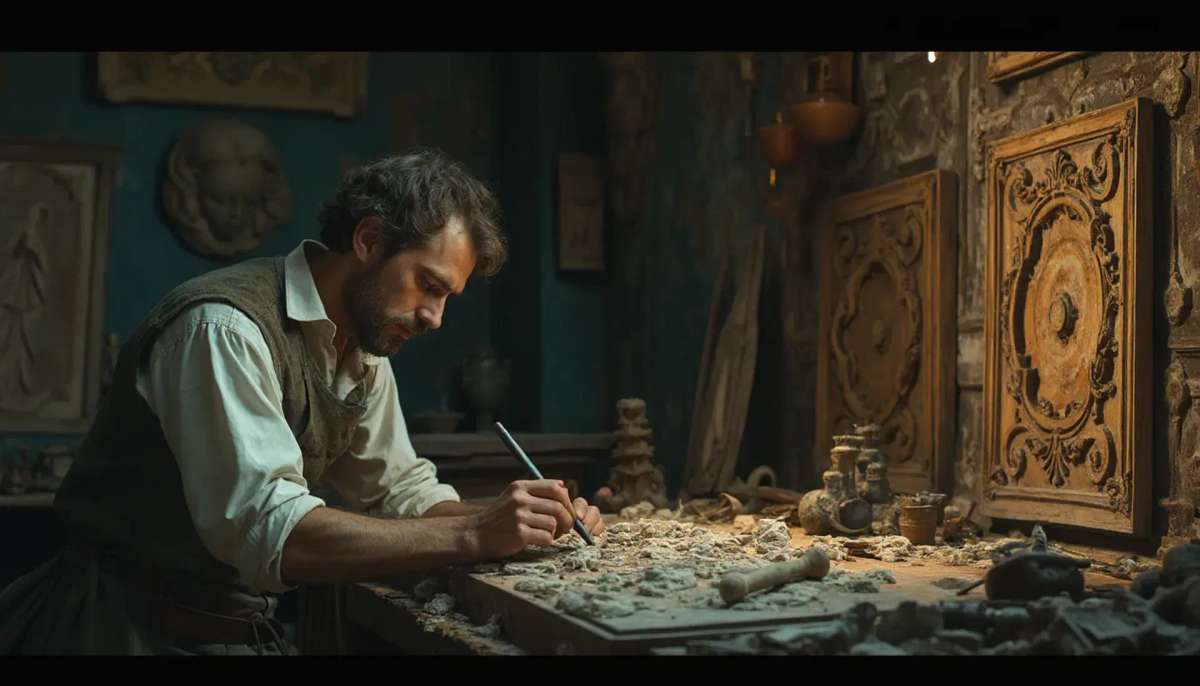 WOODCARVING LESSONS: Woodcarver Grabovetskiy, a man with a beard, holds a sign that says "What wood is the best for carving?" He looks thoughtful. Carving tools are on the table in front of him. - Wood Carving tutorials