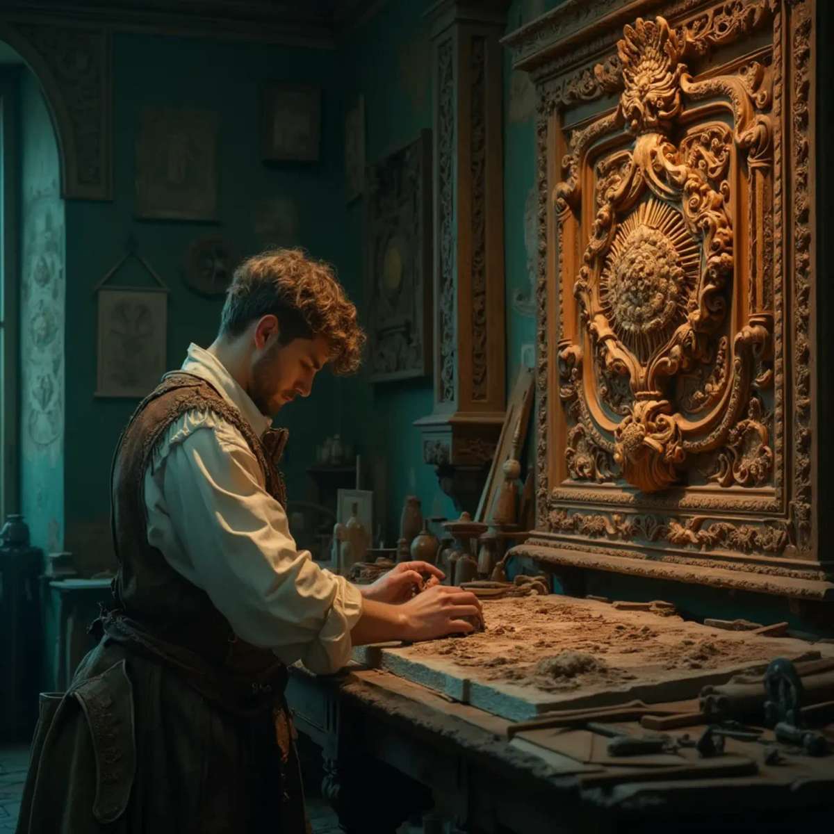 A thoughtful woodworker sitting at a workbench, pondering the best type of wood for carving. He holds a carving tool in one hand, with a sign in front of him that reads, "What wood is the best for carving?" This scene hints at the importance of choosing the right materials in wood carving classes and lessons.