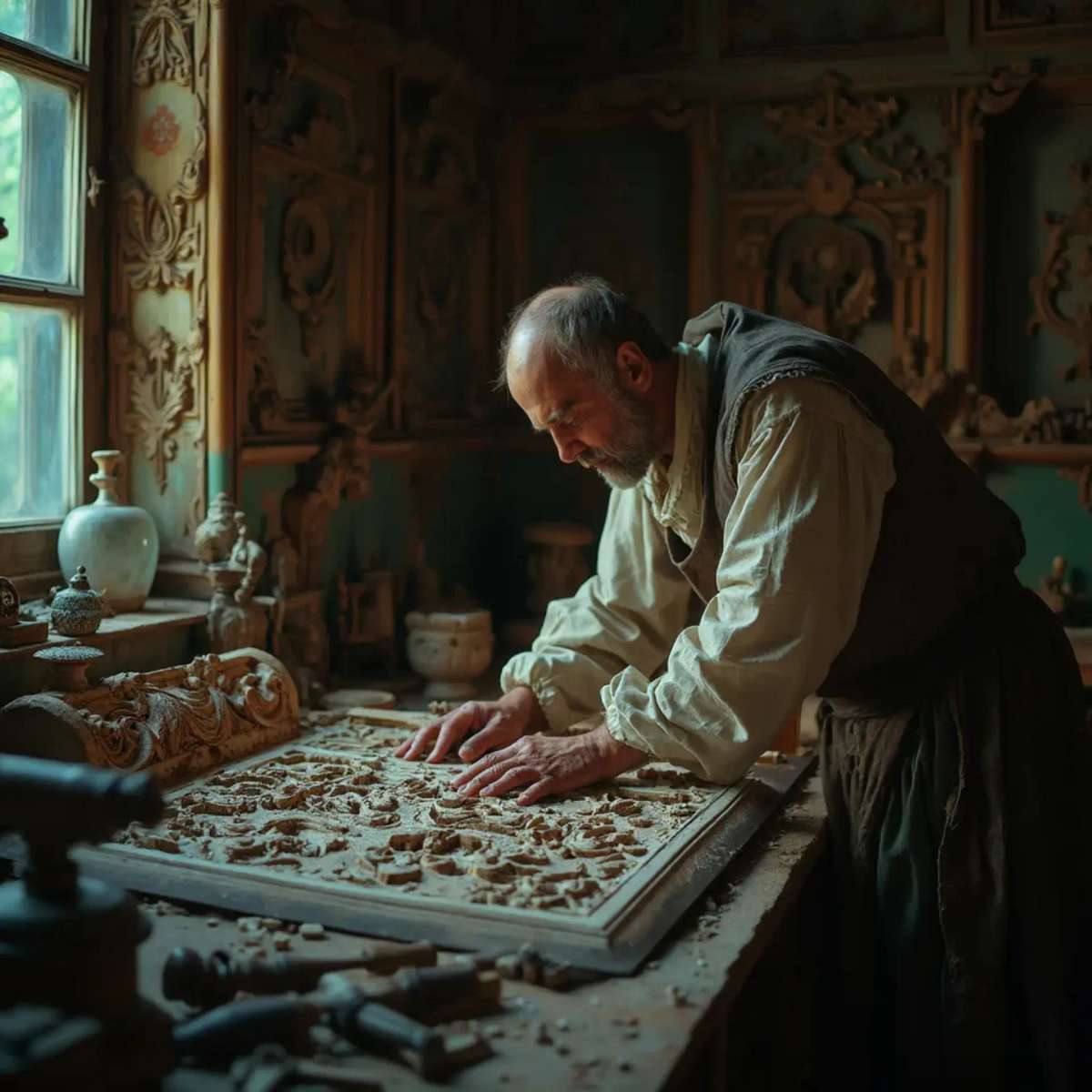 WOODCARVING LESSONS: Woodcarver Grabovetskiy, a man with a beard, holds a sign that says "What wood is the best for carving?" He looks thoughtful. Carving tools are on the table in front of him. - Wood Carving tutorials