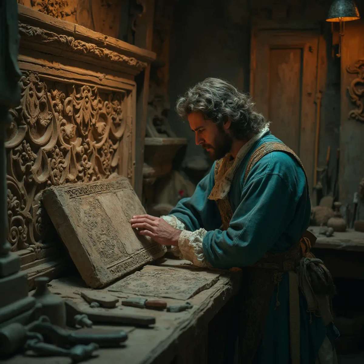 WOODCARVING LESSONS: Woodcarver Grabovetskiy, a man with a beard, holds a sign that says "What wood is the best for carving?" He looks thoughtful. Carving tools are on the table in front of him. - Wood Carving tutorials