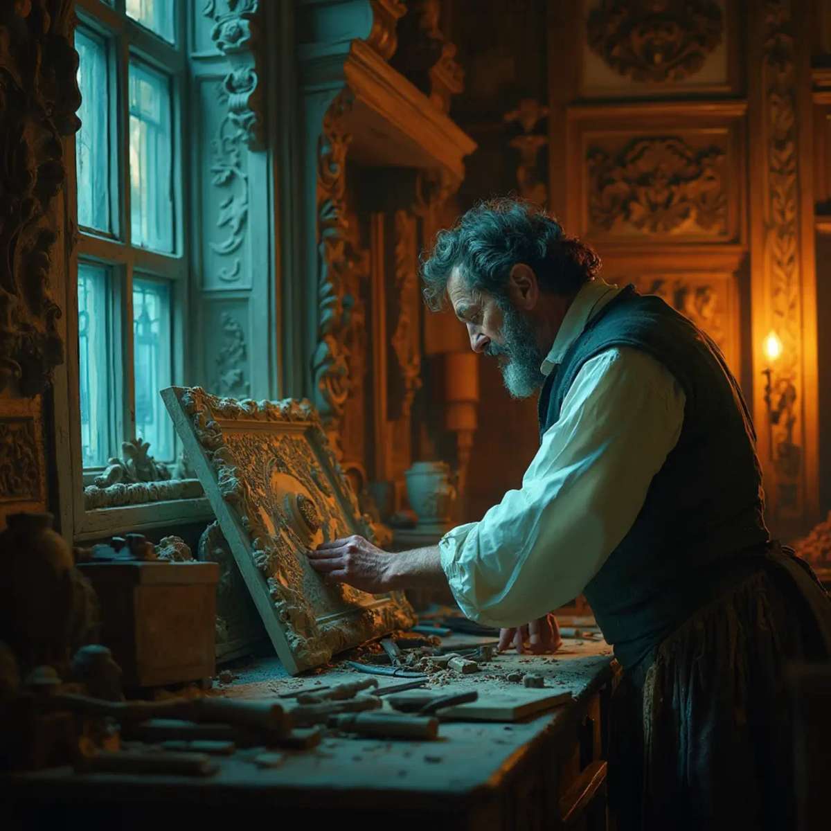 A thoughtful person gazing thoughtfully while touching a beautifully carved wooden column. The intricate carvings depict scenes of historical significance, showcasing the skills involved in wood carving. This image highlights the artistry found in wood carving classes and lessons.