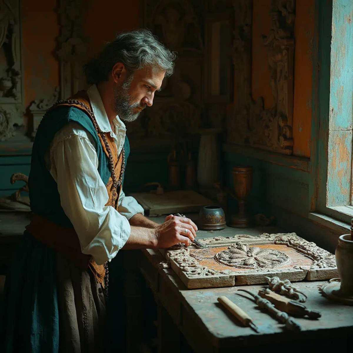 WOODCARVING LESSONS: Woodcarver Grabovetskiy, a man with a beard, holds a sign that says "What wood is the best for carving?" He looks thoughtful. Carving tools are on the table in front of him. - Wood Carving tutorials