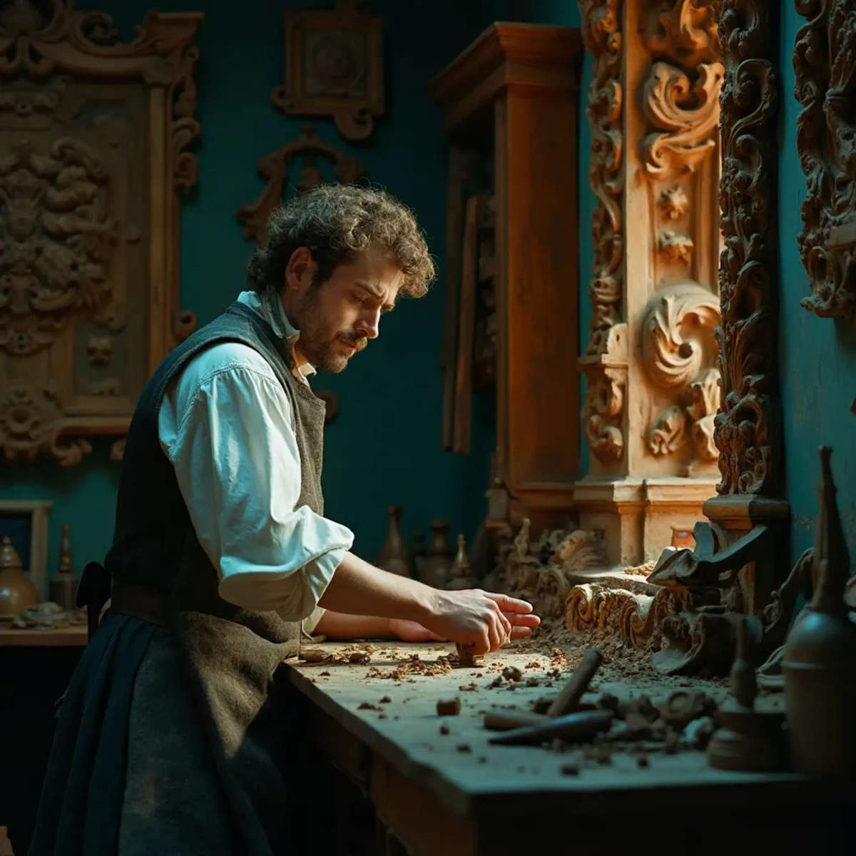 WOODCARVING LESSONS: Woodcarver Grabovetskiy, a man with a beard, holds a sign that says "What wood is the best for carving?" He looks thoughtful. Carving tools are on the table in front of him. - Wood Carving tutorials
