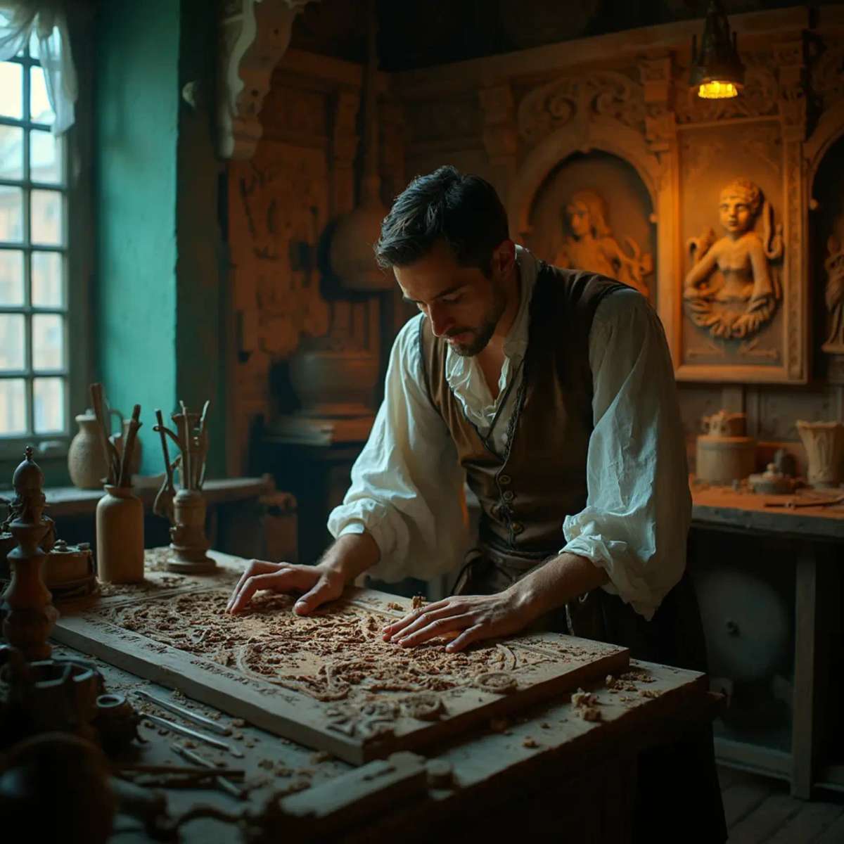 WOODCARVING LESSONS: Woodcarver Grabovetskiy, a man with a beard
