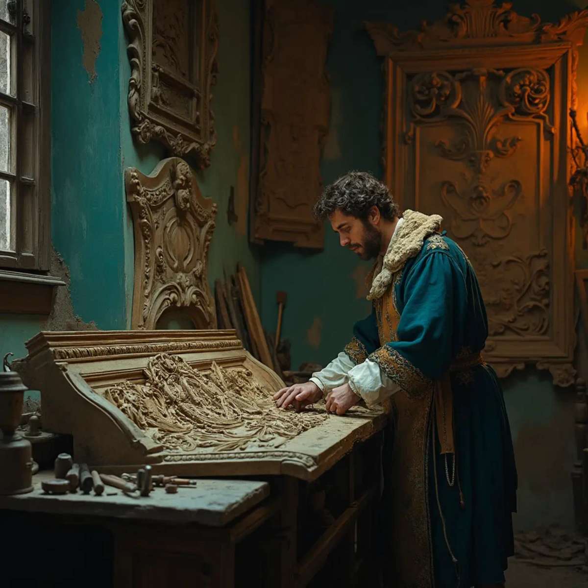 WOODCARVING LESSONS: Woodcarver Grabovetskiy, a man with a beard, holds a sign that says "What wood is the best for carving?" He looks thoughtful. Carving tools are on the table in front of him. - Wood Carving tutorials