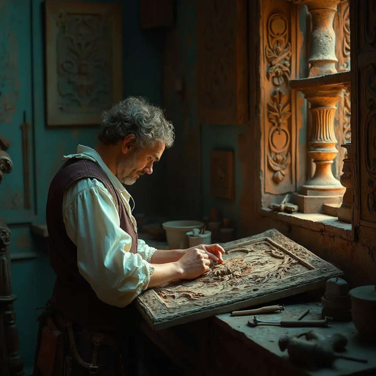 A thoughtful person gazing thoughtfully while touching a beautifully carved wooden column. The intricate carvings depict scenes of historical significance, showcasing the skills involved in wood carving. This image highlights the artistry found in wood carving classes and lessons.