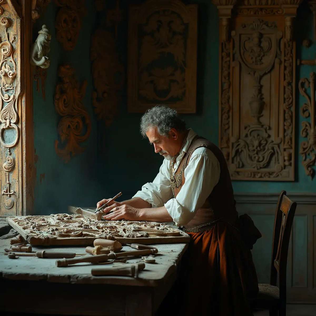 WOODCARVING LESSONS: Woodcarver Grabovetskiy, a man with a beard, holds a sign that says "What wood is the best for carving?" He looks thoughtful. Carving tools are on the table in front of him. - Wood Carving tutorials