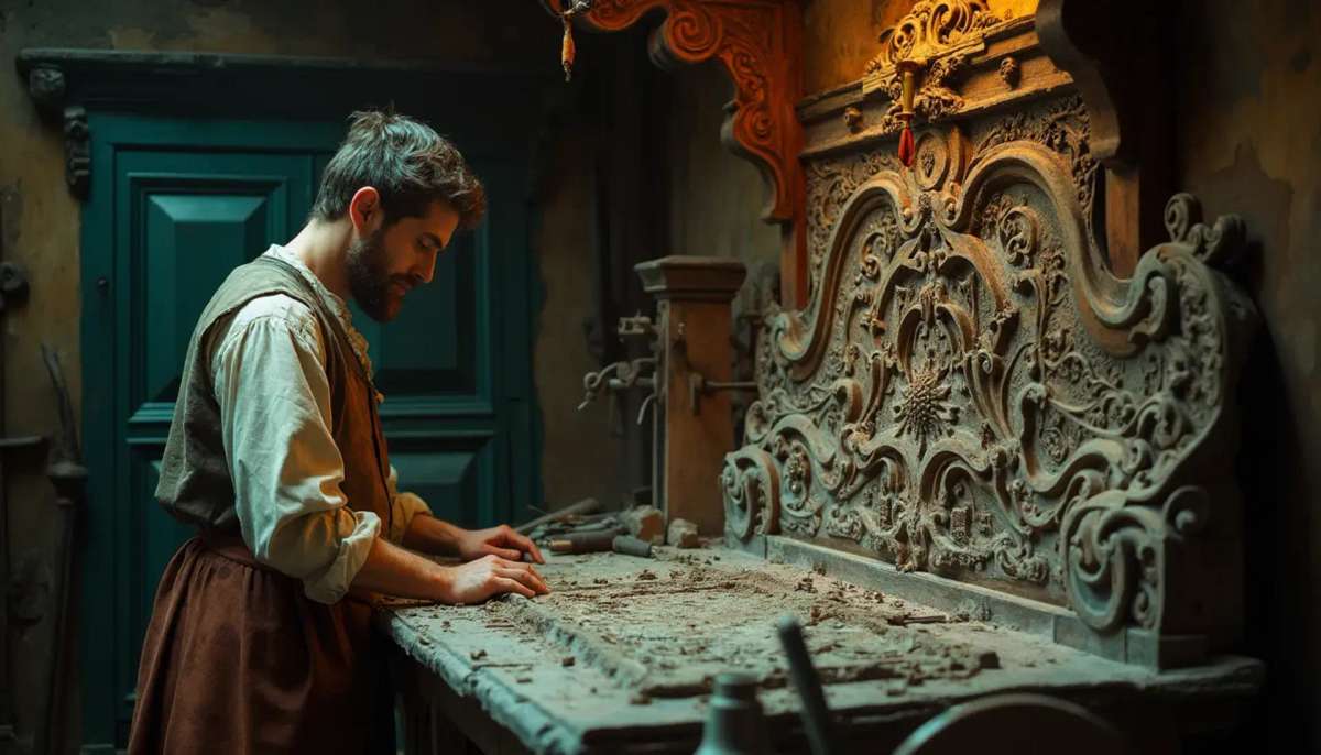 WOODCARVING LESSONS: Woodcarver Grabovetskiy, a man with a beard, holds a sign that says "What wood is the best for carving?" He looks thoughtful. Carving tools are on the table in front of him. - Wood Carving tutorials