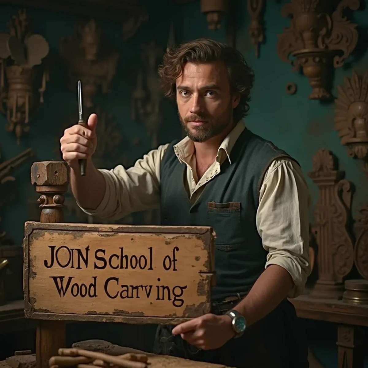 WOODCARVING LESSONS: Woodcarver Grabovetskiy, an elderly man with a gray beard, holds a carving tool and a sign that asks, "What is the best wood for carving? - Wood Carving tutorials
