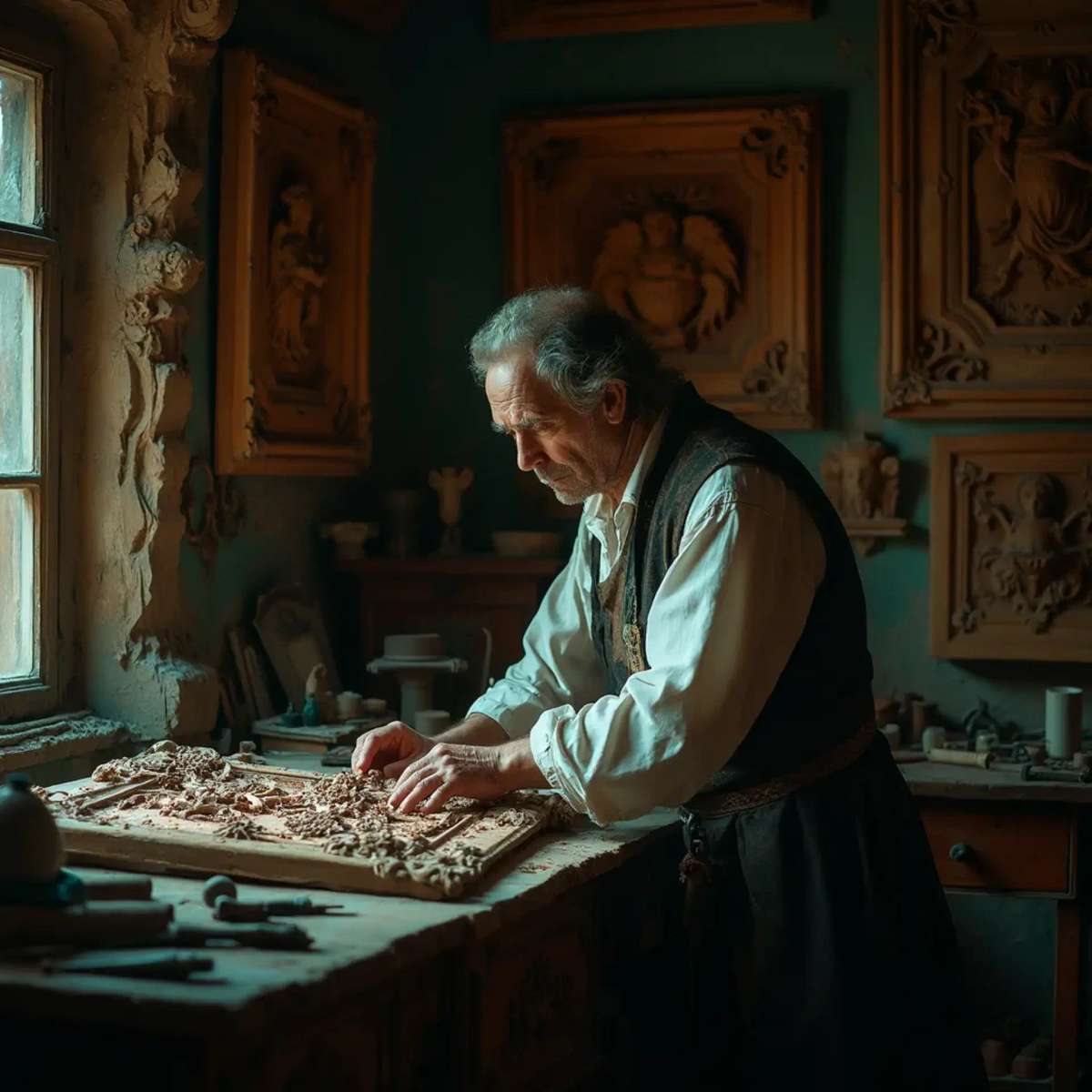 WOODCARVING LESSONS: Woodcarver Grabovetskiy, a man with a beard, holds a sign that says "What wood is the best for carving?" He looks thoughtful. Carving tools are on the table in front of him. - Wood Carving tutorials