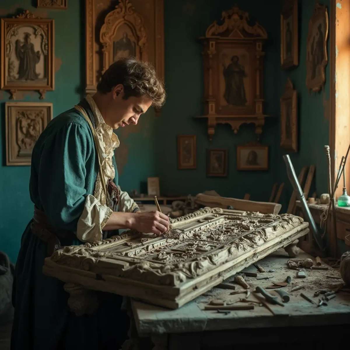 A thoughtful person gazing thoughtfully while touching a beautifully carved wooden column. The intricate carvings depict scenes of historical significance, showcasing the skills involved in wood carving. This image highlights the artistry found in wood carving classes and lessons.