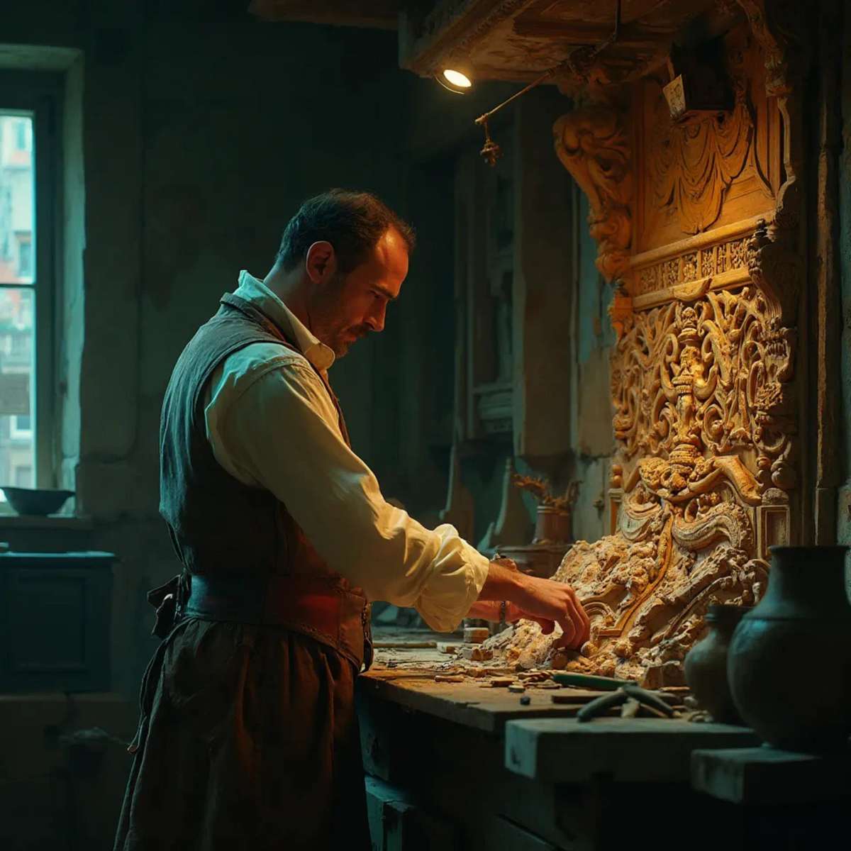WOODCARVING LESSONS: Woodcarver Grabovetskiy, a man with a beard
