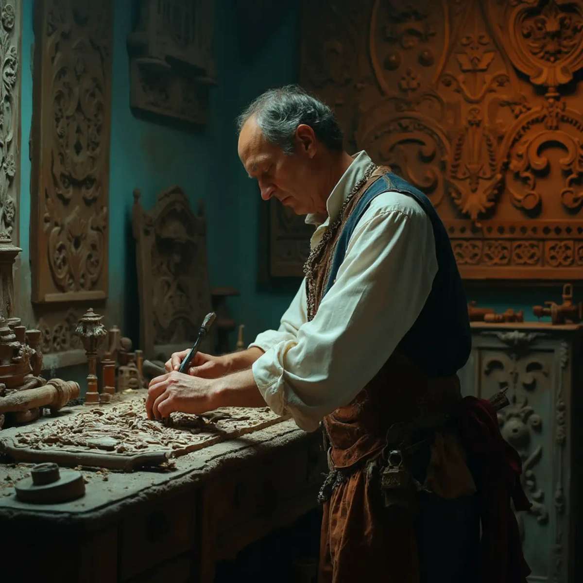 WOODCARVING LESSONS: Woodcarver Grabovetskiy, a man with a beard, holds a sign that says "What wood is the best for carving?" He looks thoughtful. Carving tools are on the table in front of him. - Wood Carving tutorials