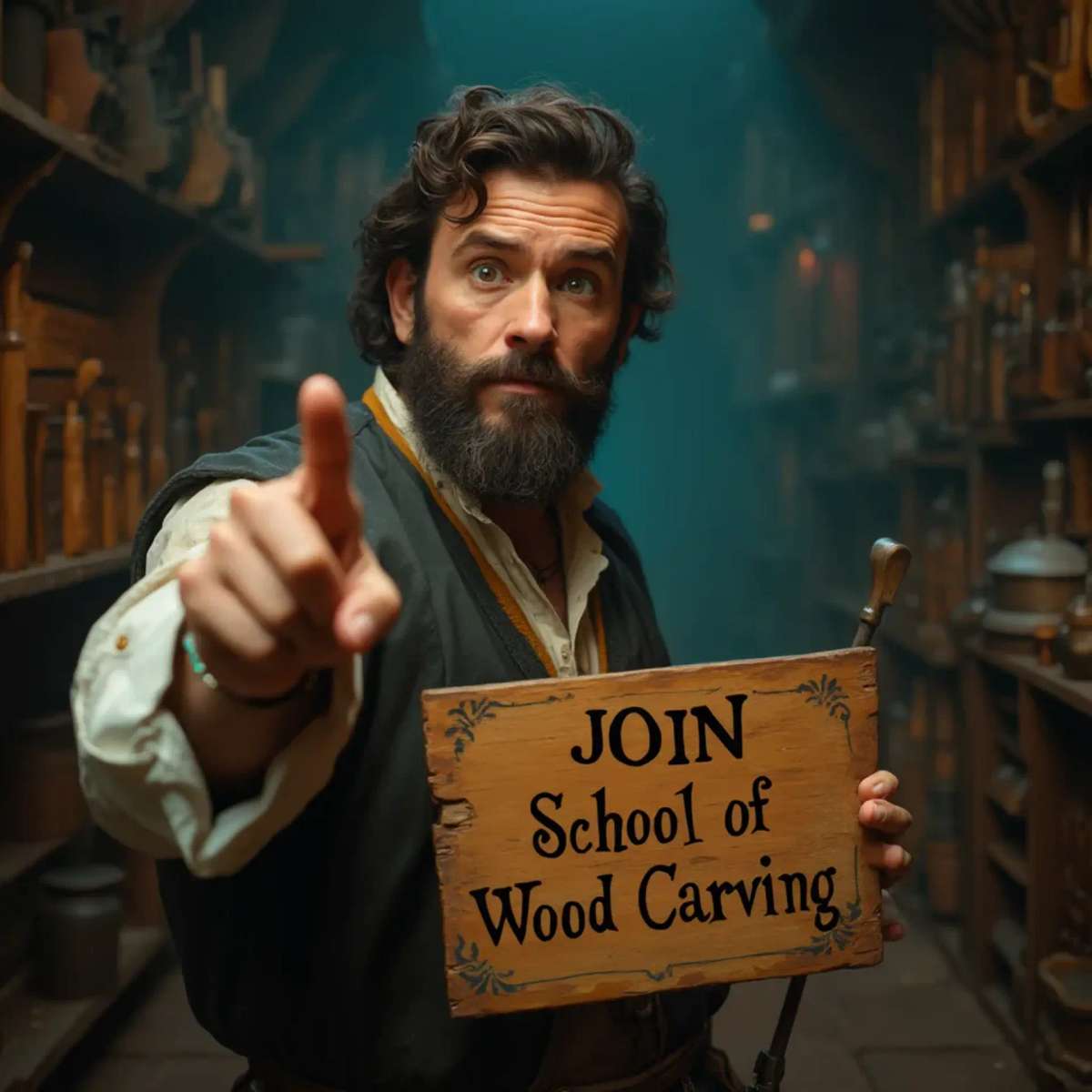 WOODCARVING LESSONS: Woodcarver Grabovetskiy, an elderly man with a gray beard, holds a carving tool and a sign that asks, "What is the best wood for carving? - Wood Carving tutorials
