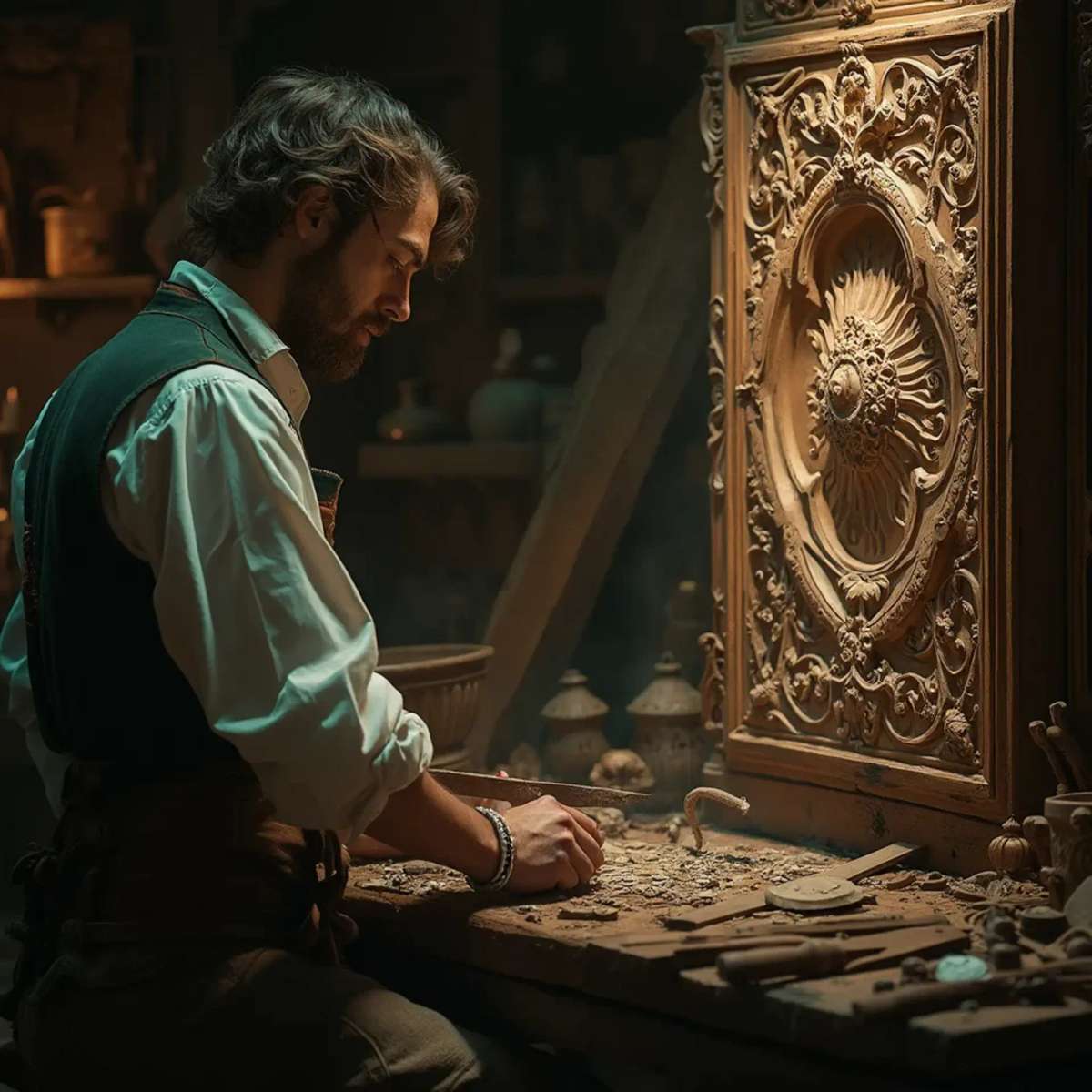 WOODCARVING LESSONS: Woodcarver Grabovetskiy, a man with a beard