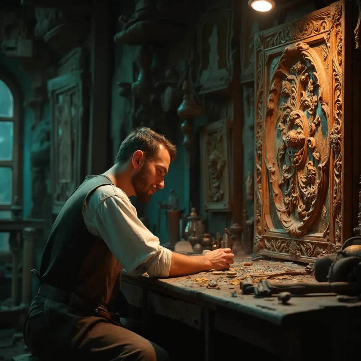 WOODCARVING LESSONS: Woodcarver Grabovetskiy, a man with a beard