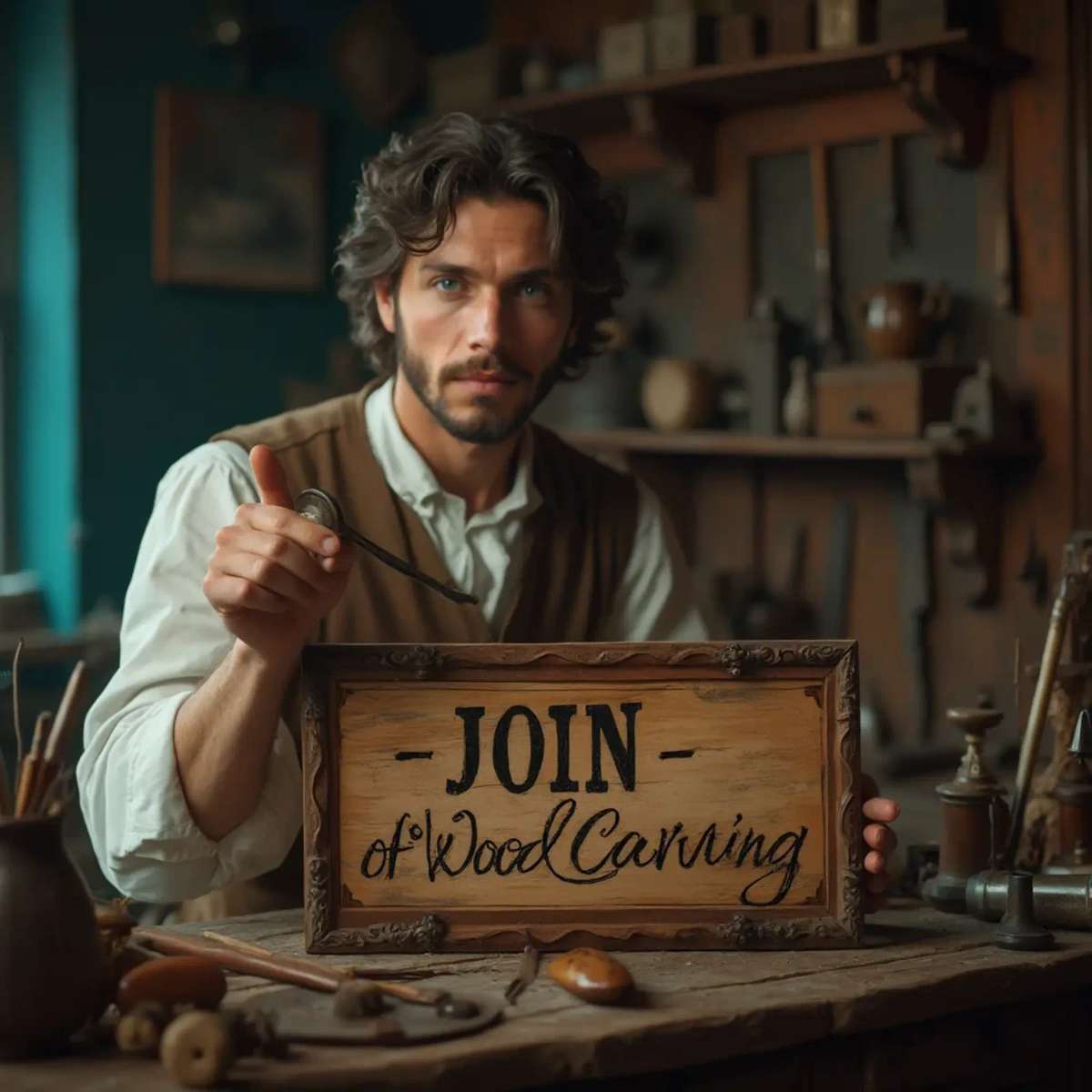 WOODCARVING LESSONS: Woodcarver Grabovetskiy, an elderly man with a gray beard, holds a carving tool and a sign that asks, "What is the best wood for carving? - Wood Carving tutorials