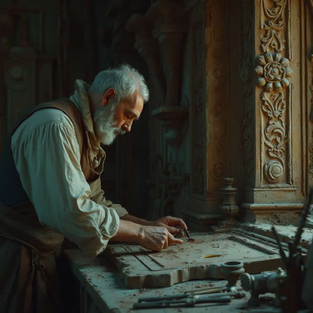 WOODCARVING LESSONS: Woodcarver Grabovetskiy, a man with a beard, holds a sign that says "What wood is the best for carving?" He looks thoughtful. Carving tools are on the table in front of him. - Wood Carving tutorials