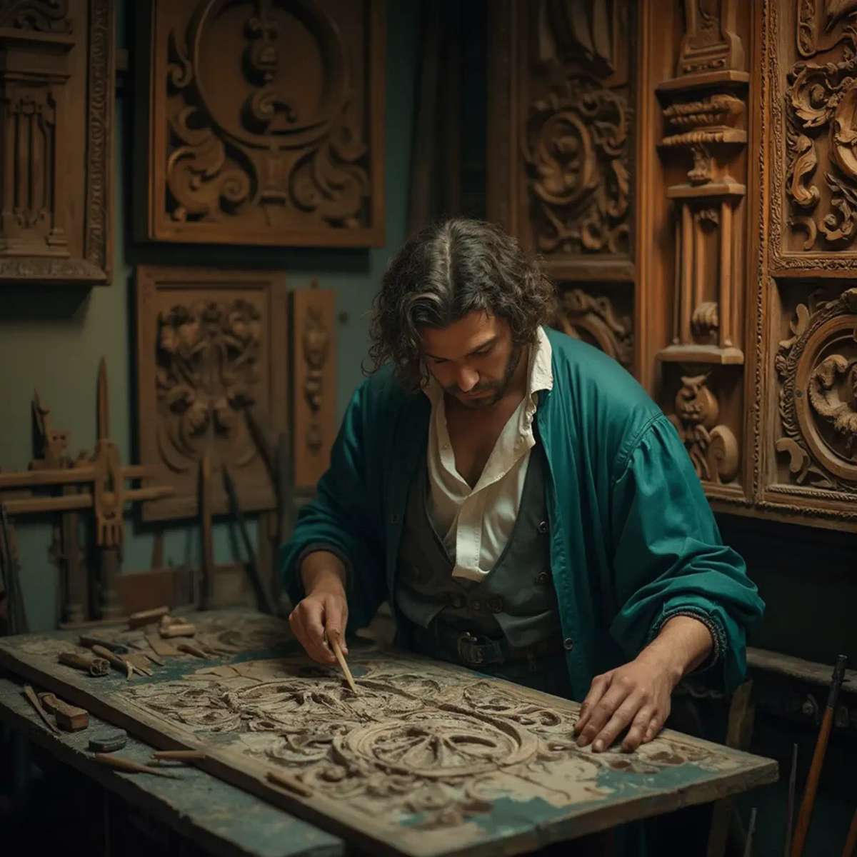 WOODCARVING LESSONS: Woodcarver Grabovetskiy, a man with a beard, holds a sign that says "What wood is the best for carving?" He looks thoughtful. Carving tools are on the table in front of him. - Wood Carving tutorials
