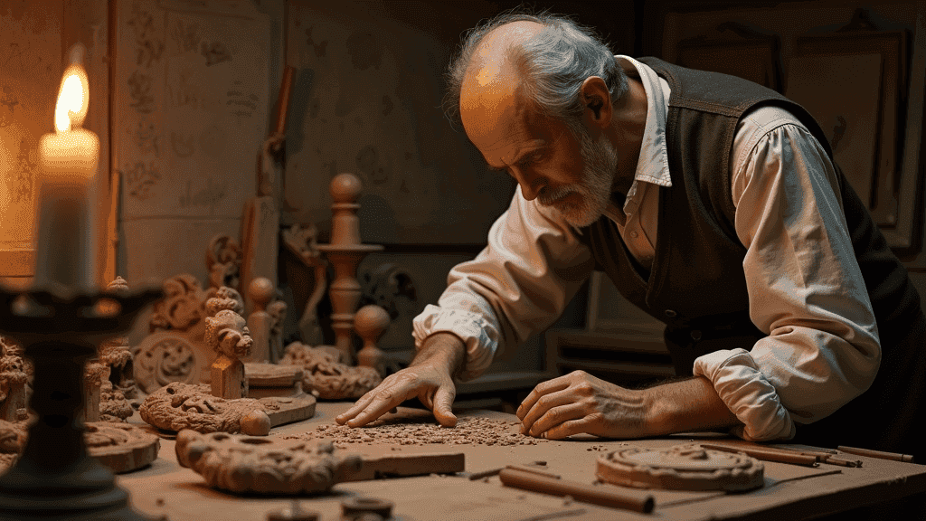 WOODCARVING LESSONS: In a dim workshop full of tools and carvings, an old man named Woodcarver Grabovetskiy carefully cuts into a piece of wood. - Wood Carving tutorials