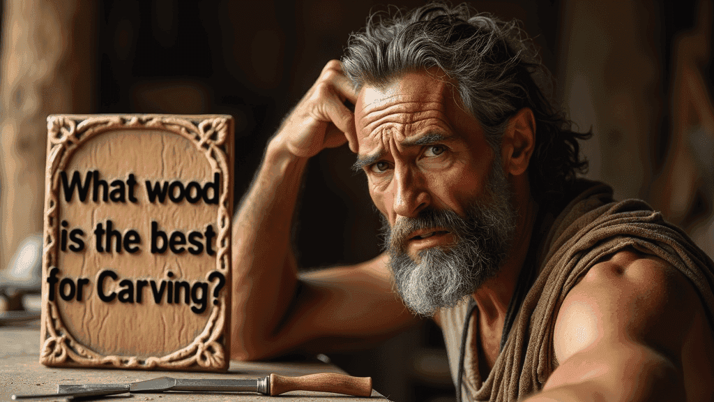 WOODCARVING LESSONS: A man with a beard is in his workshop. He has tools around him and looks at the camera. There is a wooden sign beside him that says, "What wood is the best for carving?" This man is Woodcarver Grabovetskiy. - Wood Carving tutorials