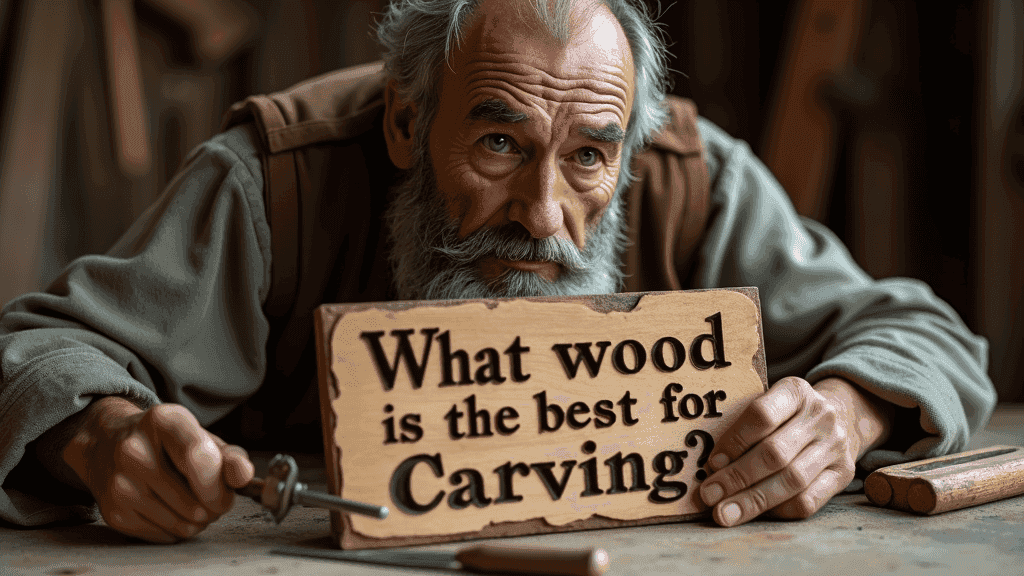 WOODCARVING LESSONS: An older man with a beard holds a wooden sign that asks, "What wood is the best for carving?" He points to it with a chisel. This is Woodcarver Grabovetskiy. - Wood Carving tutorials