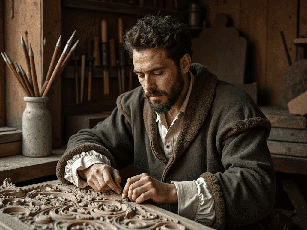 WOODCARVING LESSONS: A bearded man, dressed in old-style clothes, carefully carves wood in a workshop with many tools and wood pieces. This man is Woodcarver Grabovetskiy. - Wood Carving tutorials