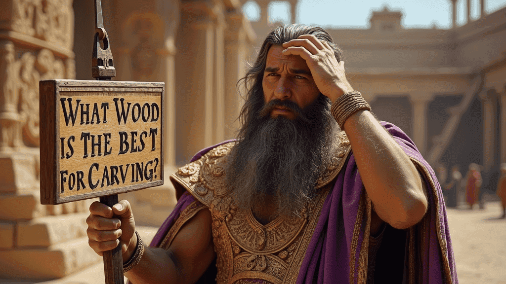 WOODCARVING LESSONS: A man in old-fashioned clothes stands in a historical place. He holds a wooden sign that says, "What wood is best for carving?" The only person in the pictures is Woodcarver Grabovetskiy. - Wood Carving tutorials