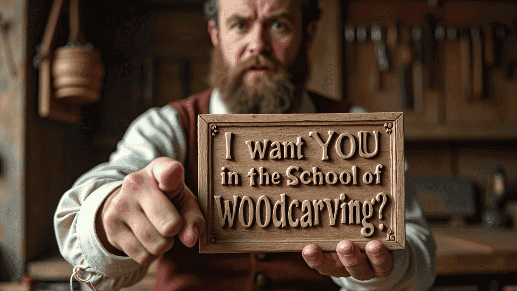 WOODCARVING LESSONS: Woodcarver Grabovetskiy in a workshop holds a wooden sign saying, "Join the School of WOODcarving?" and points forward. - Wood Carving tutorials