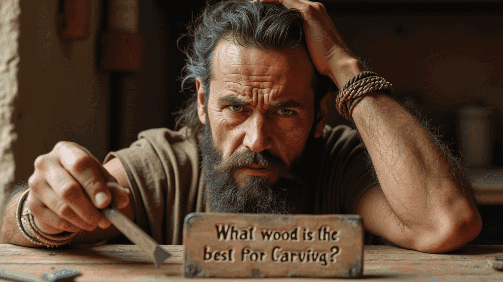 WOODCARVING LESSONS: A man, Woodcarver Grabovetskiy, with a beard and hair pulled back, sits at a woodworking table. He holds a carving tool. A sign in front of him asks, "What wood is best for carving?". - Wood Carving tutorials